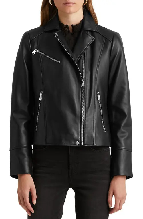 Lauren Ralph Lauren Lambskin Leather Moto Jacket in Black at Nordstrom, Size Medium | Nordstrom