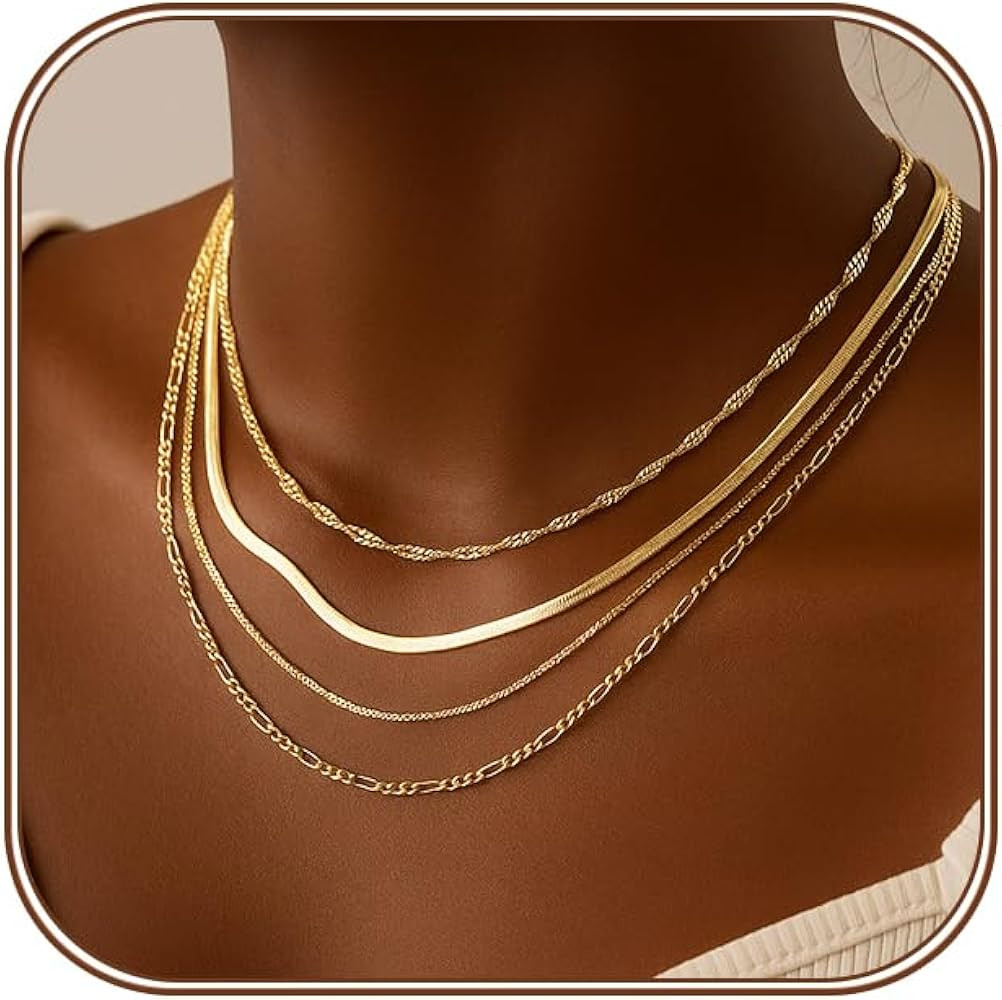 Necklaces for Women Gold Plated Herringbone/Emerald Stack Layering Necklace Dainty Chain Choker J... | Amazon (US)