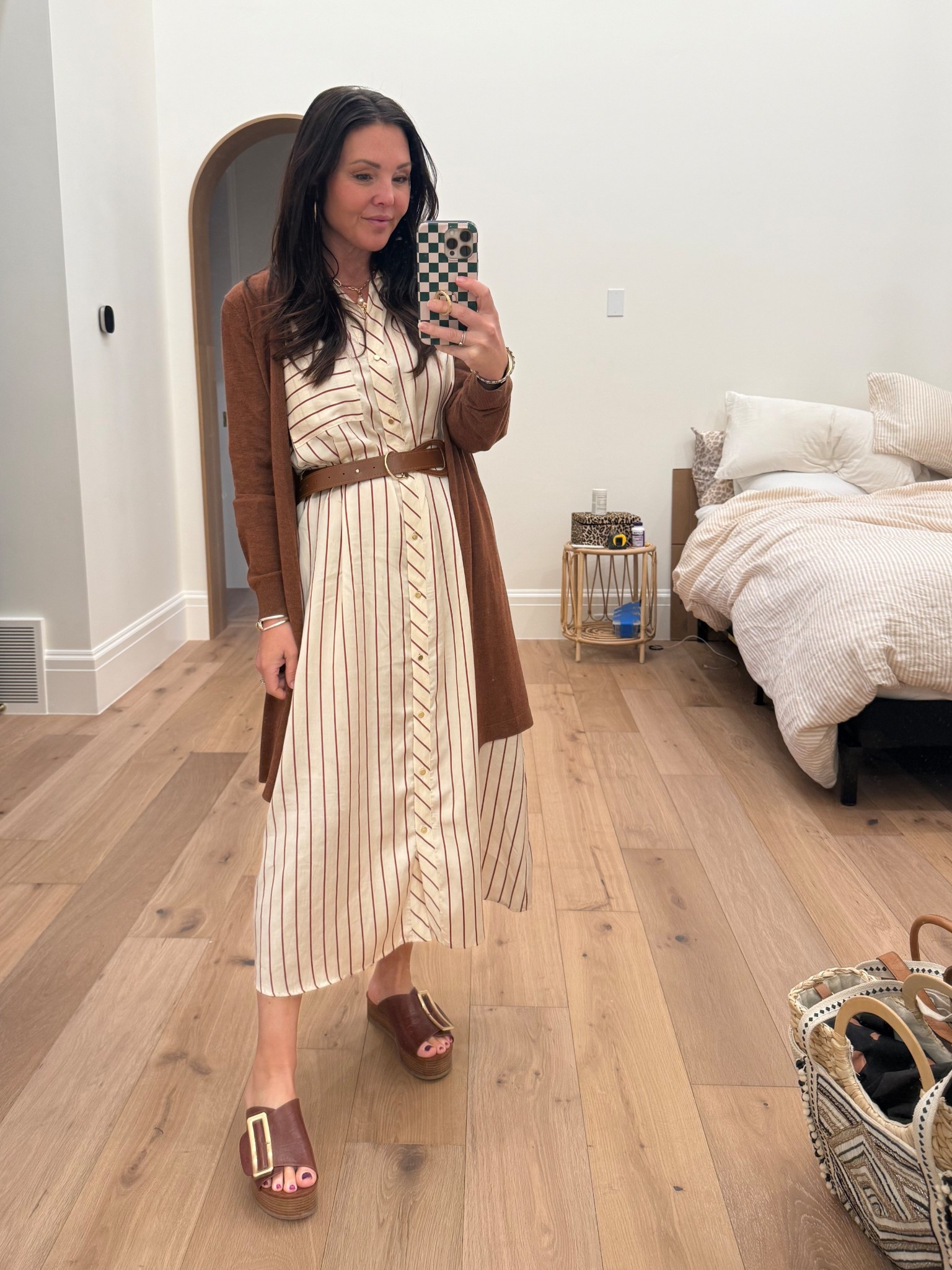 Striped button down dress with layered long cardigan . Belt comes with the dress. A great casual dress for spring/summer. 

Platform slides come in several leather colors. 

#LTKFindsUnder50 #LTKShoeCrush