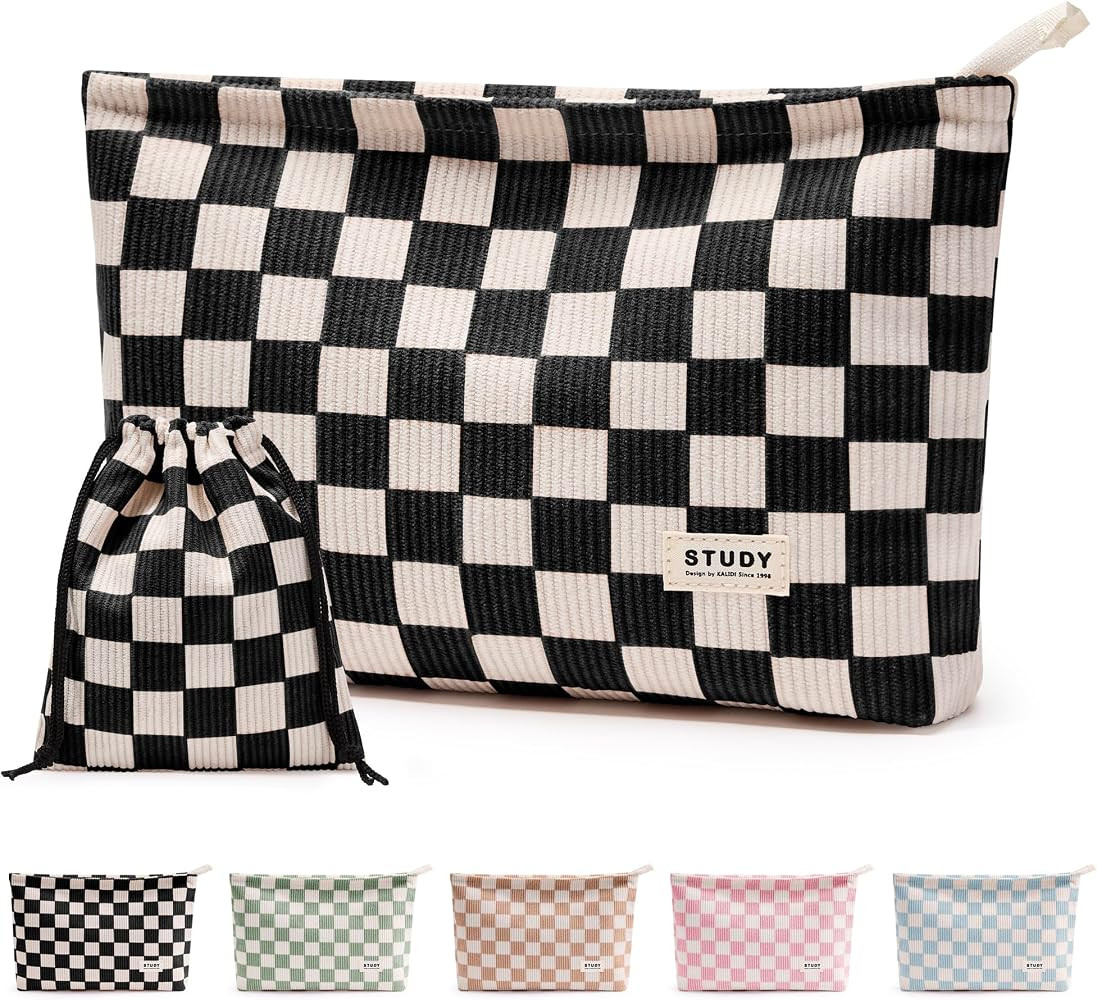 WLLWOO 2pcs Makeup Bag Checkered Corduroy Cosmetic Pouch for Women Purse | Amazon (US)