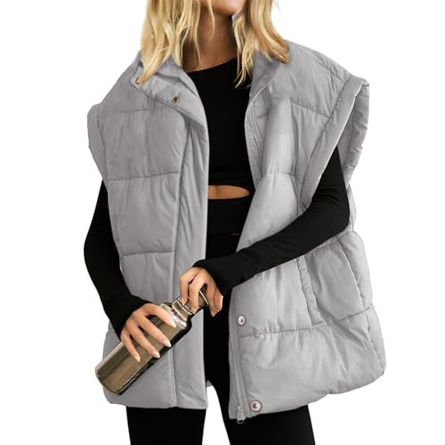 Songling Womens Oversized Puffer Vest Stand Collar Full Zip Sleeveless Bubble Puffer Vest Quilted Padded Warm Coat Outwear (Grey,M) | Amazon (US)
