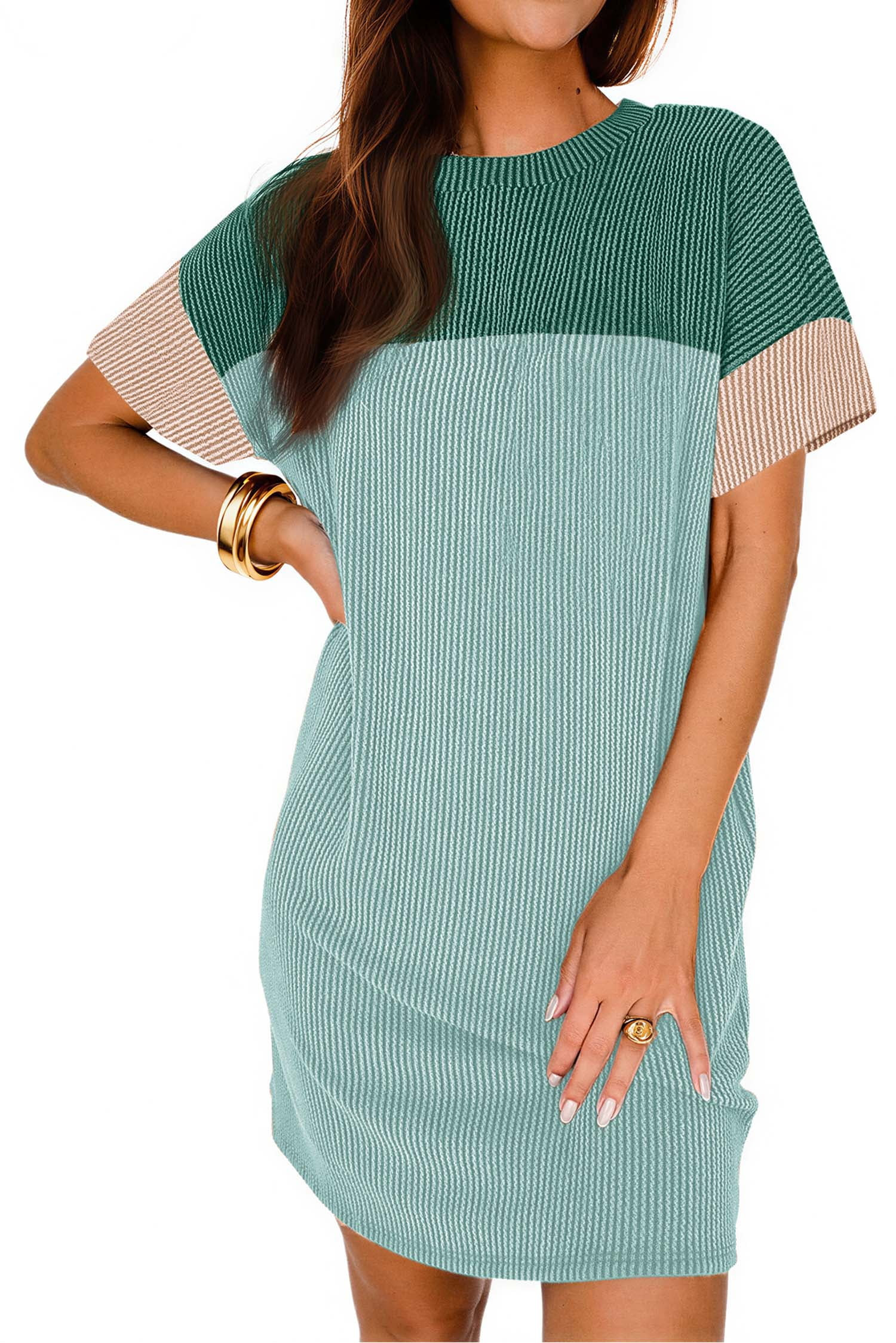 Fantaslook Summer Color Block Dresses for Women Crewneck Short Sleeve T shirts Dress Ribbed Dress... | Walmart (US)