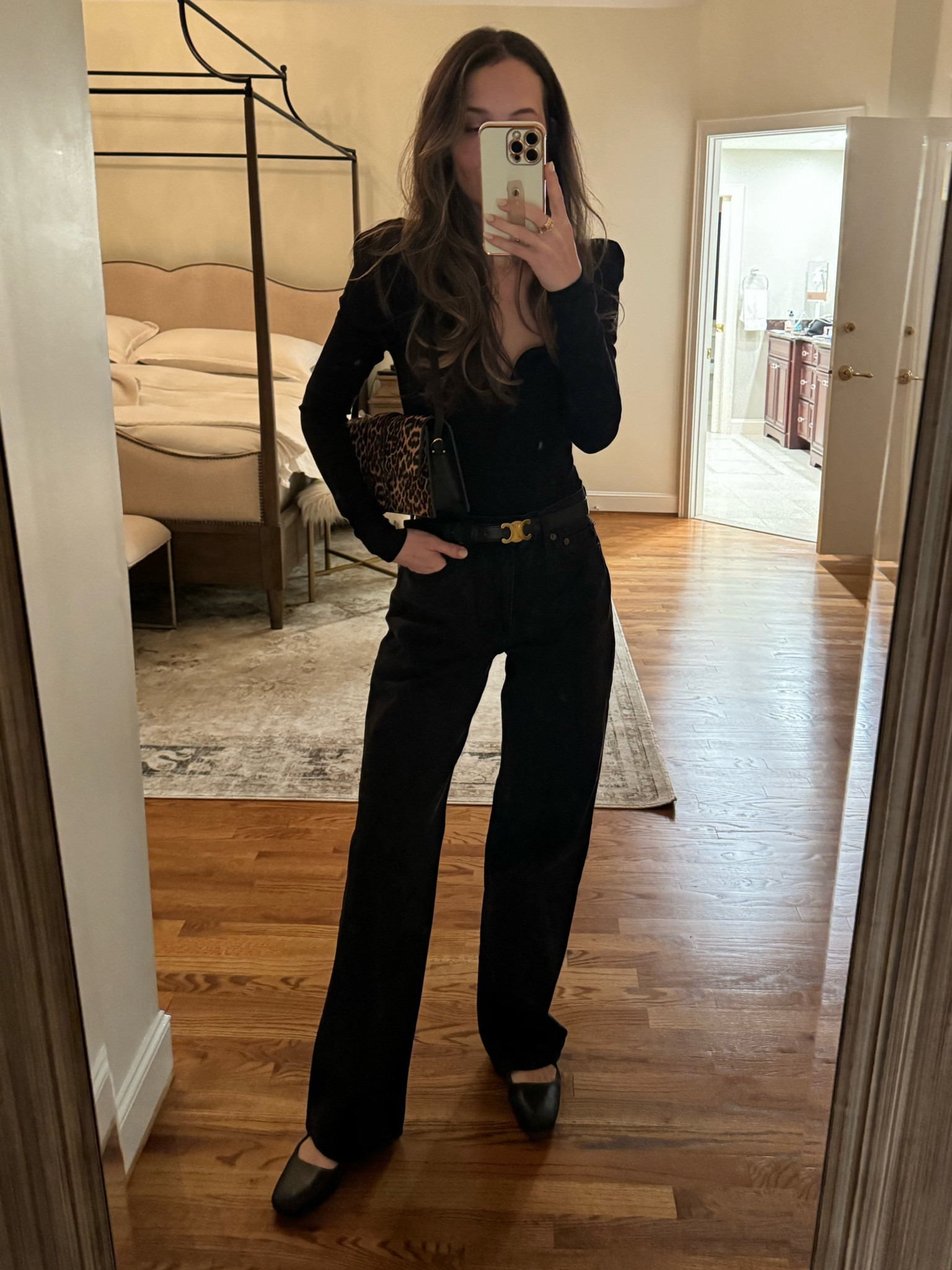 Easy date night or girls dinner night outfit. All black. Bodysuit runs small (size up one size, wearing S). Jeans run slightly large and have an oversized fit (wearing 25). 

Wide leg jeans outfit, revolve outfit, ballet flats outfit  

#LTKSeasonal #LTKItBag #LTKStyleTip