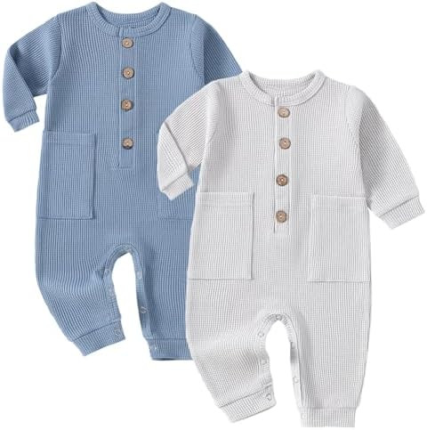 Baby Boys Girls 2 Pack Solid Romper Ribbed Long Sleeve One-Piece Knit Cotton Jumpsuit Outfits Clo... | Amazon (US)