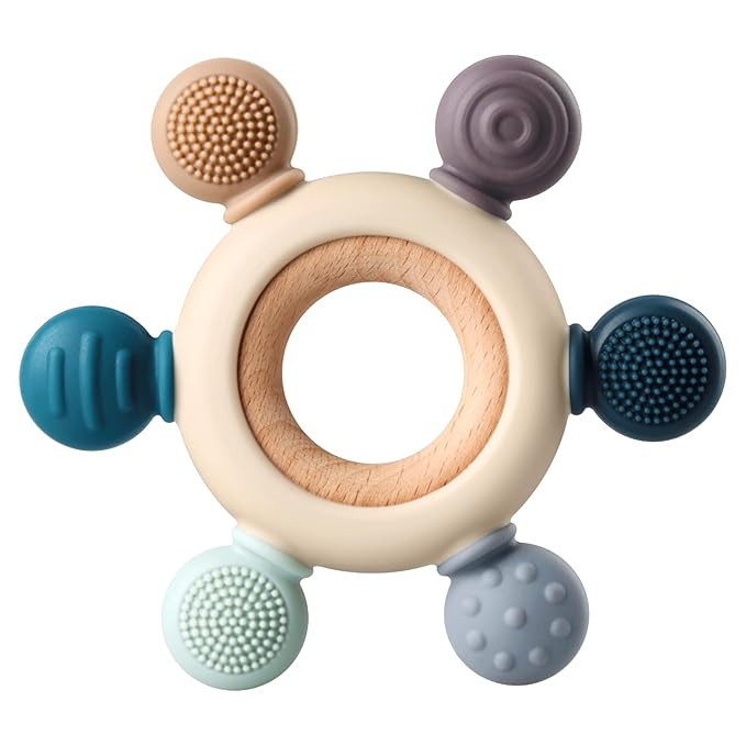 Baby Teething Toys, Silicone Chewable Teethers with Wooden Ring for Soothing Babies Gums, Rudder ... | Amazon (US)
