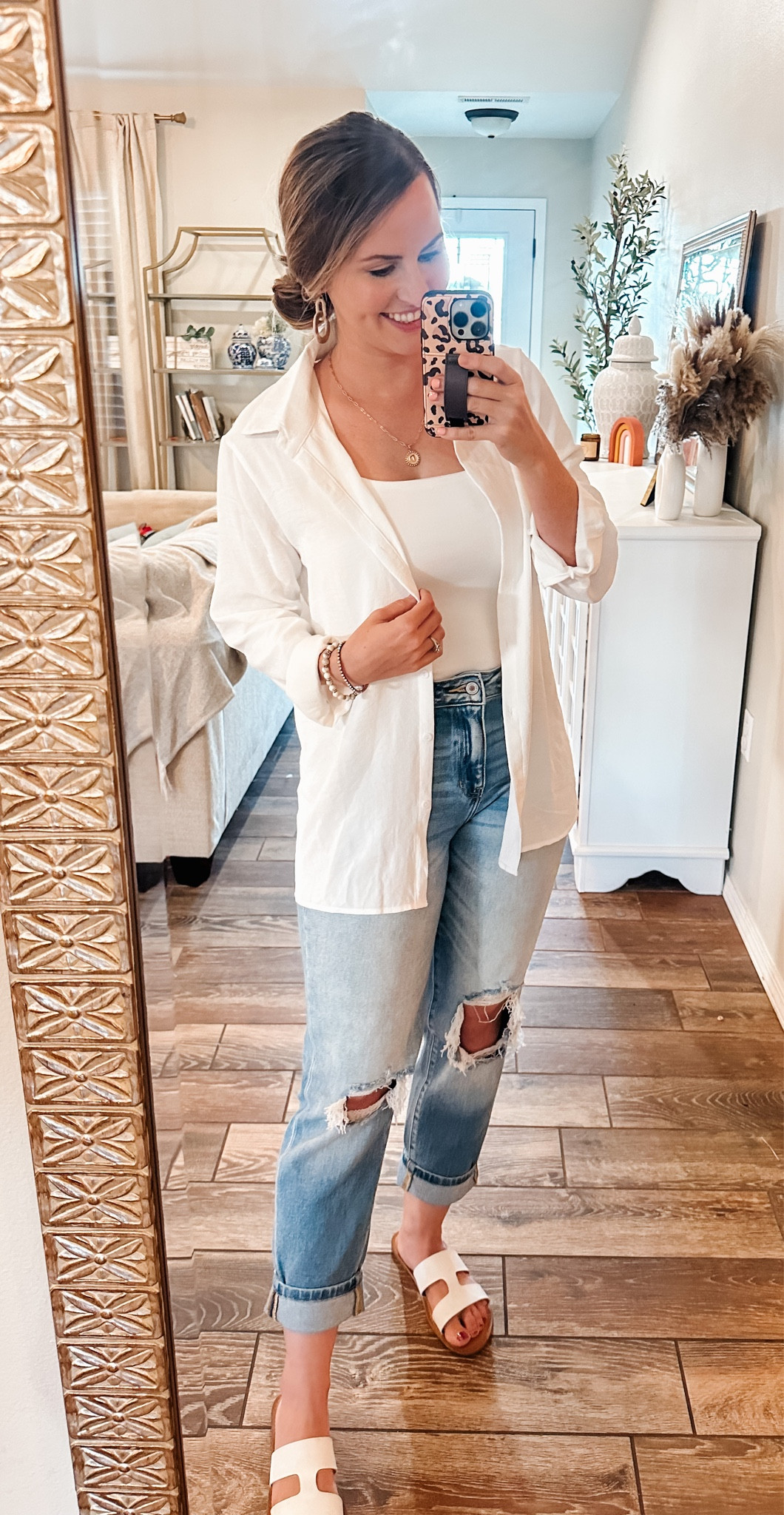 Casual mom outfit!! Love the white button down from Amazon. So versatile!! Paired with this white bodysuit & high waisted jeans from pink lily— code Dorothy20 for 20% off!! White slide sandals are from amazon and under $25! 

#LTKCon #LTKstyletip #LTKunder50