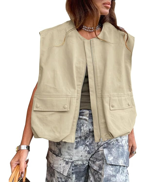 Tankaneo Womens Casual Zip Up Vest Cargo Oversized Ruched Hem Sleeveless Blazer Jackets Tops | Amazon (US)