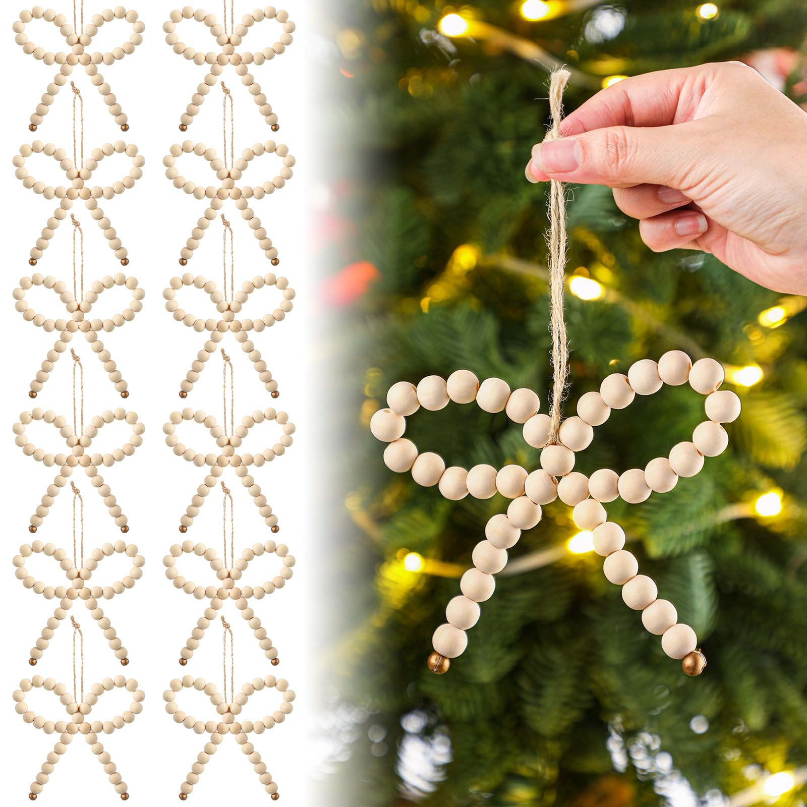 Geelin12 Pcs Bow Christmas Tree Ornaments Wooden Beads Bows Vintage Wood Beaded Bow Ornaments Boh... | Amazon (US)