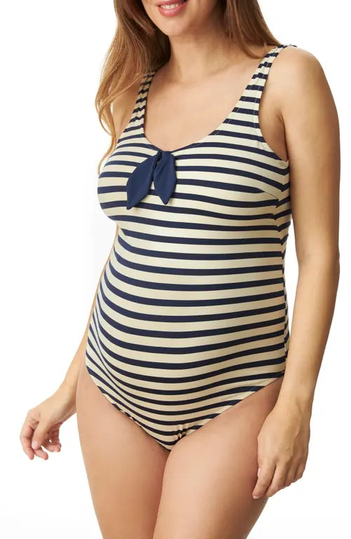 Pez D'Or Breton Stripe One-Piece Maternity Swimsuit in Navy/Ecru at Nordstrom, Size X-Large | Nordstrom
