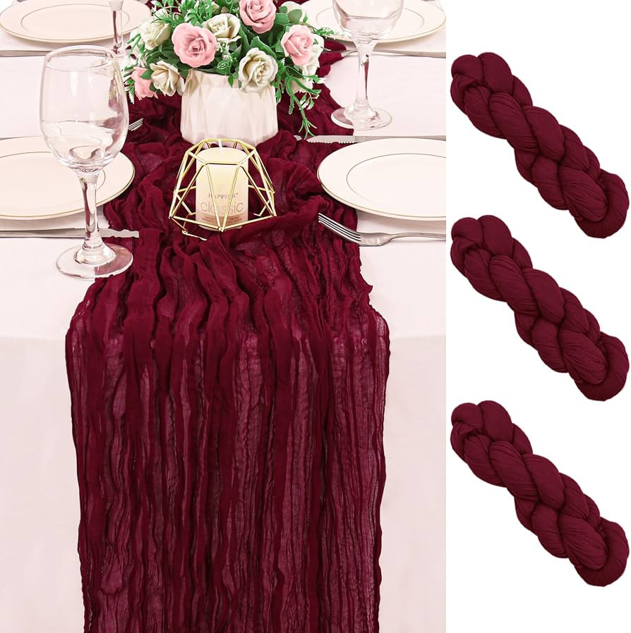 2 Pack 120 Inch Burgundy Cheesecloth Table Runner Boho Rustic Gauze Sheer Romantic 10 FT Long Che... | Amazon (US)