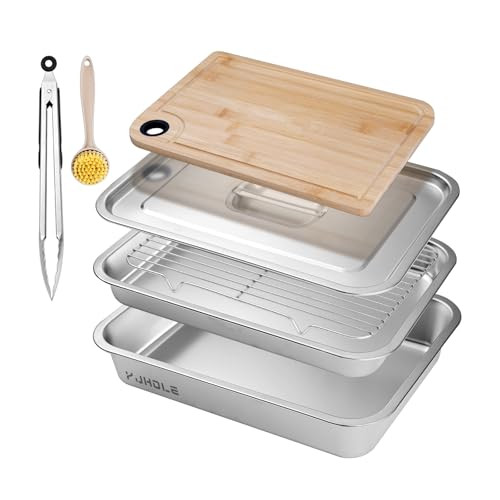 YJHOLE Grilling Prep and Serve Trays,Stainless Steel Large Capacity Food Prep Trays with Lid, Cutting Board Cooling Rack Food Tongs and Cleaning Brush,BBQ Accessories Gift | Amazon (US)