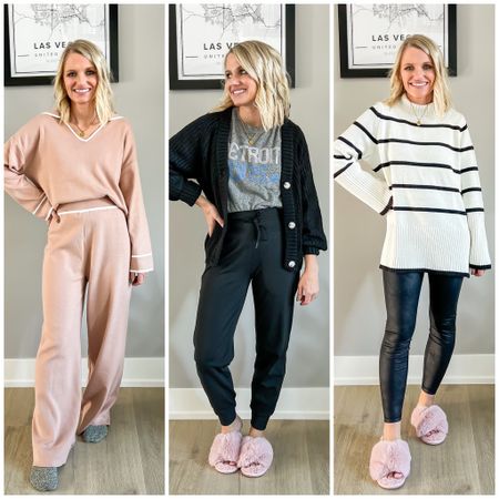 Cozy, comfy Amazon Thanksgiving outfits! 
Outfit 1: set- small 
Outfit 2: sweater- small || joggers- sold out, linked similar || Lions t-shirt- not available online 
Outfit 3: sweater- small (the white stripes is currently sold out) || leggings- small 

#LTKSeasonal #LTKstyletip #LTKHoliday