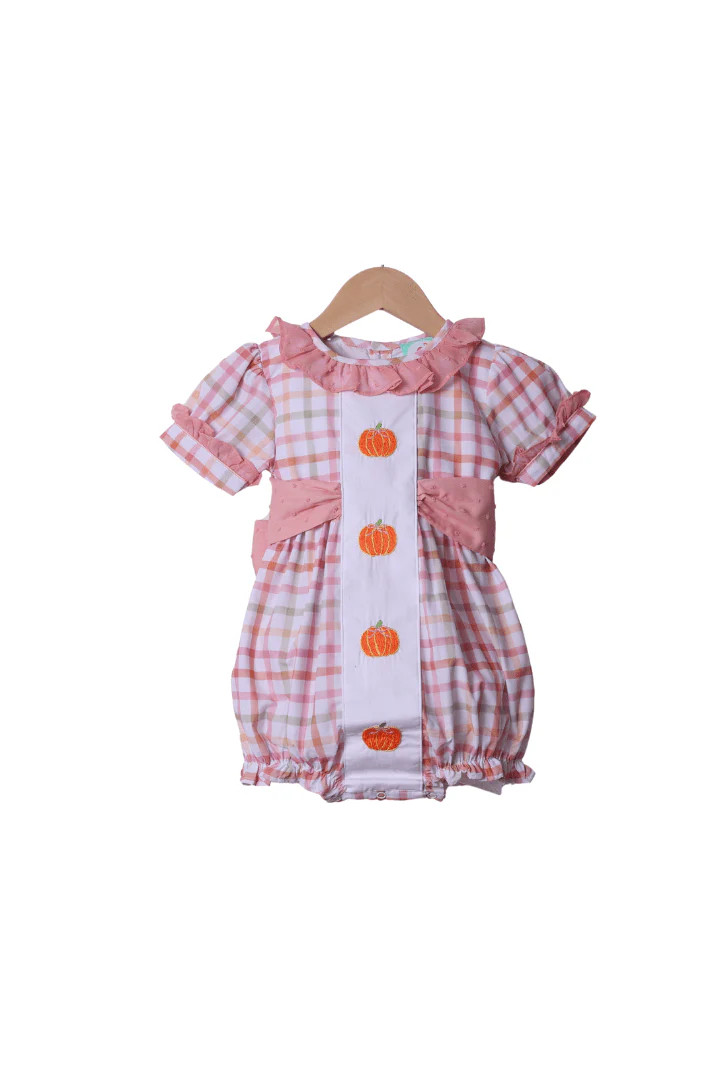 Hand Embroidered Plaid Pumpkin Bow Bubble | The Smocked Flamingo
