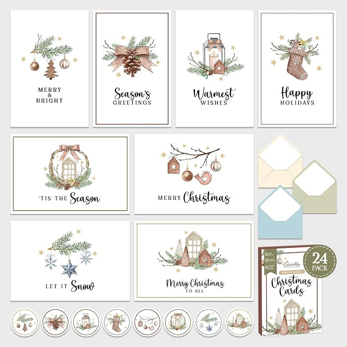 Decorably 24 Pack 4x6in Modern Rustic Merry Christmas Cards with Envelopes and Stickers - 8 Holid... | Amazon (US)