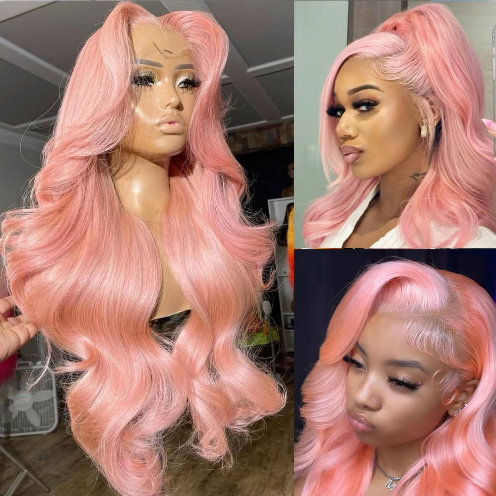 ANDRIA 13x4 HD Lace Front Wigs 28 Inches Pink Body Wave Long Glueless Lace Frontal Wigs Pre-pluck... | Amazon (US)