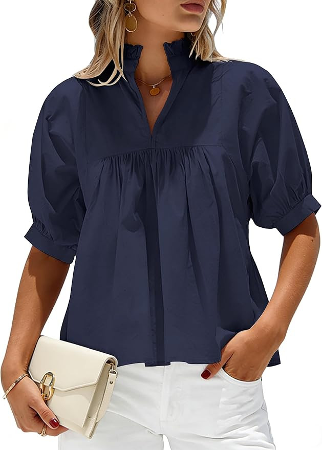 SimpleFun Puff Sleeve Blouses for Women Dressy Casual High Ruffle V Neck Babydoll Peplum Tops Sum... | Amazon (US)
