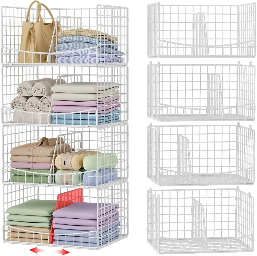 Hongtamoya 4-Tier Closet Organizers and Storage Basket with Divider, Foldable Closet Shelf Organi... | Amazon (US)