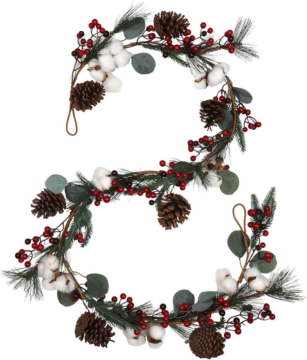 vensovo Artificail Christmas Cotton Pine Garland - 6 FT Christmas Garland Decoration with Red Ber... | Amazon (US)