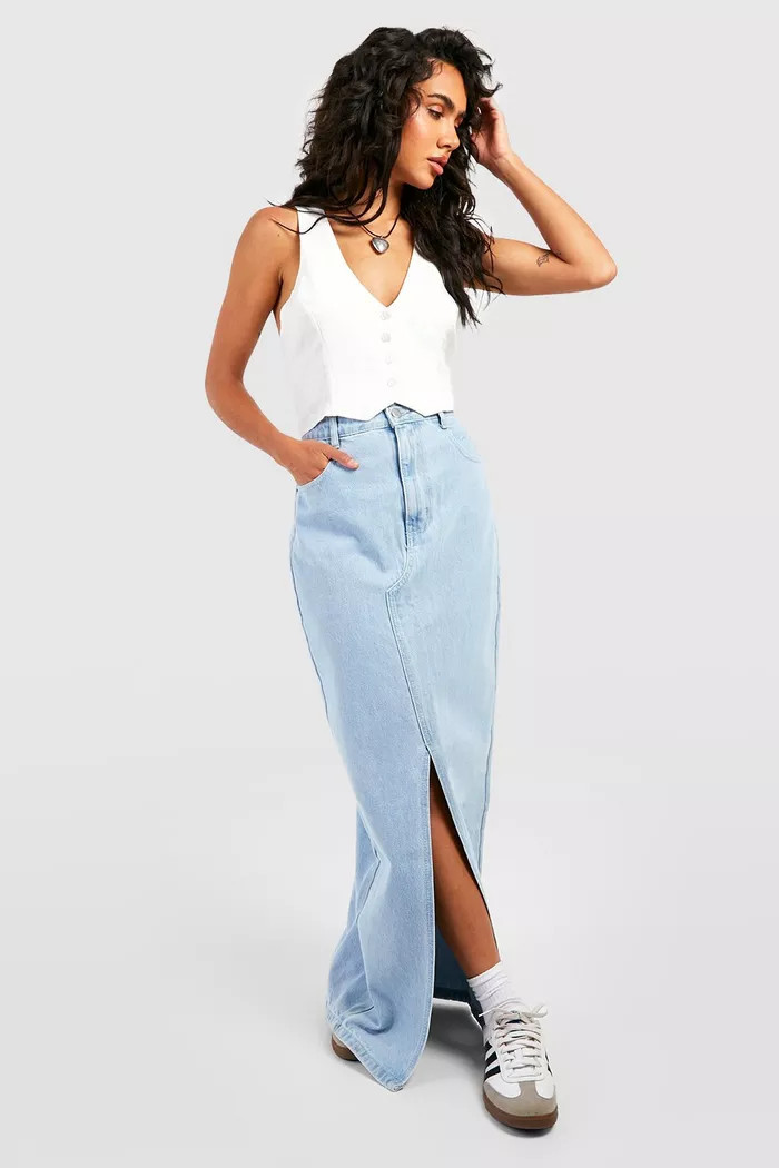Split Front Denim Maxi Skirt | Boohoo.com (US & CA)