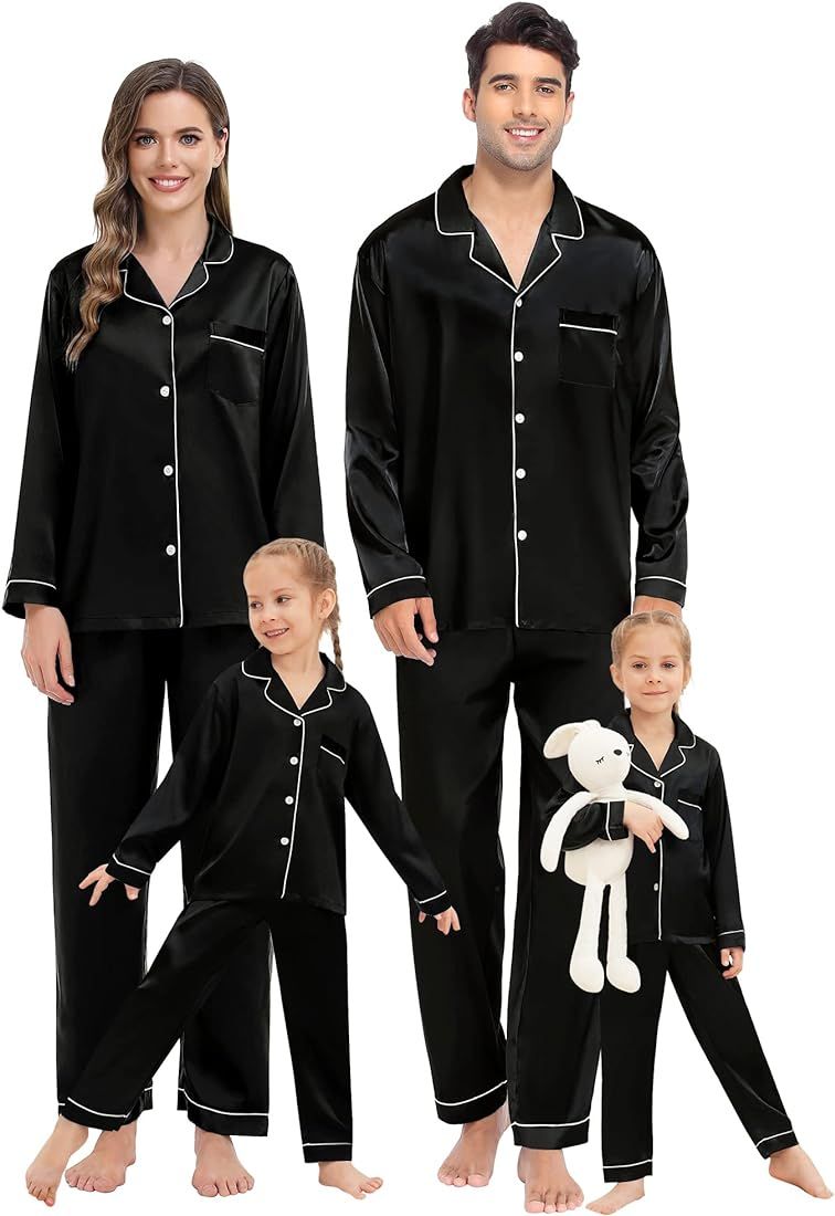 SWOMOG Family Matching Pajamas Set Silk Satin Button Down Sleepwear Long Sleeve Nightwear 2 Pcs Pj S | Amazon (US)