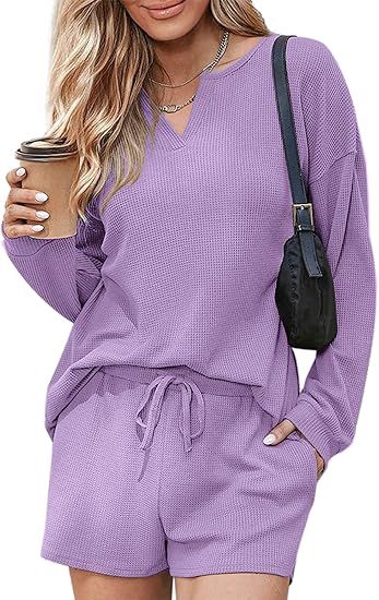 Ekouaer Pajamas Womens Waffle Knit Lounge Set Long Sleeve Top and Shorts 2 Piece Loungewear Outfi... | Amazon (US)