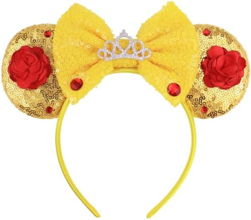 Mouse Ears Headband with Beauty Red Rose, Princess Ears Headbands for Halloween Costume, Princess... | Amazon (US)