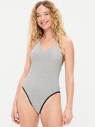 Pique V-Neck Halter Swimsuit | Old Navy (CA)