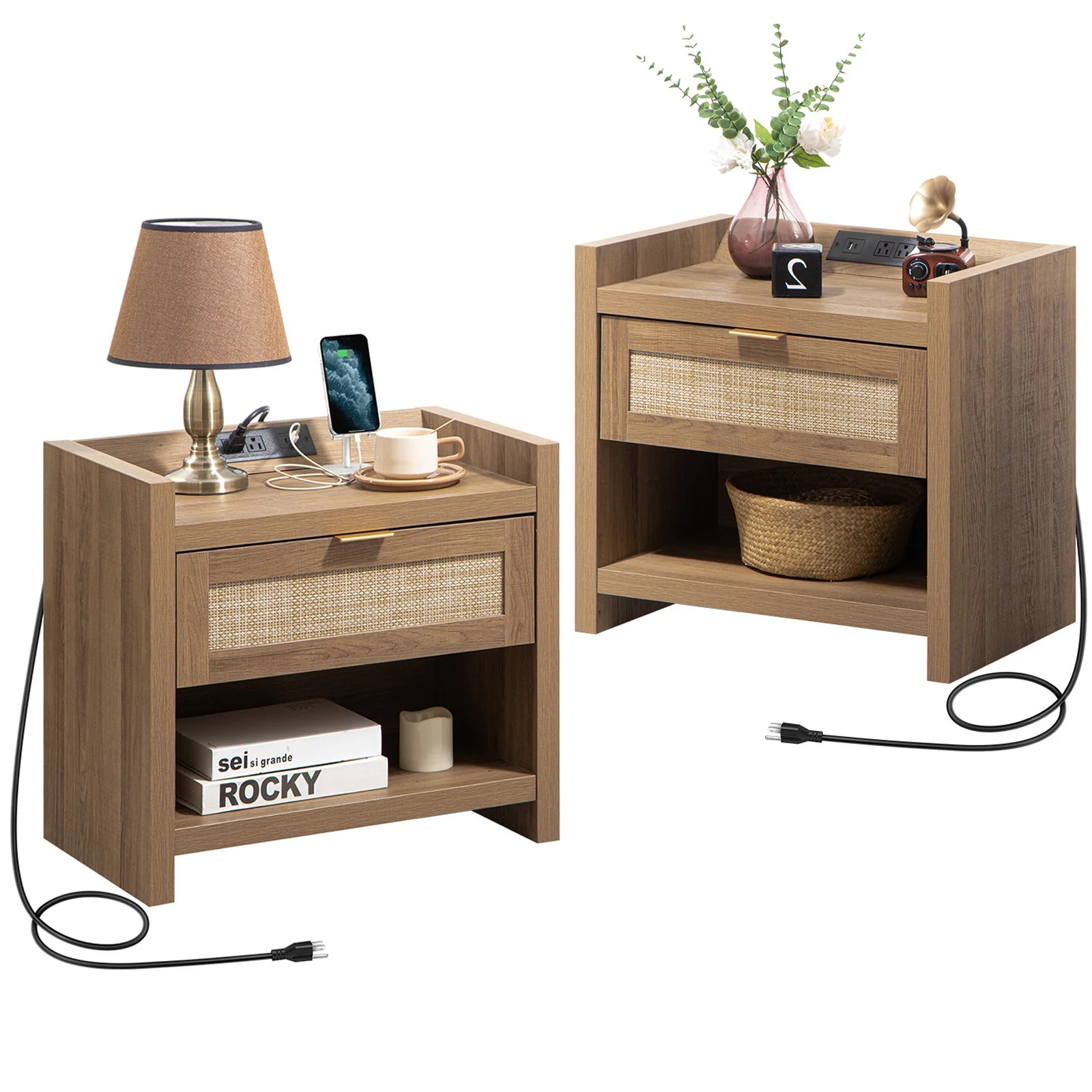 SICOTAS Set of 2 Nightstands with Charging Station, Boho Bedside Table with Rattan Drawer, End Ta... | Walmart (US)
