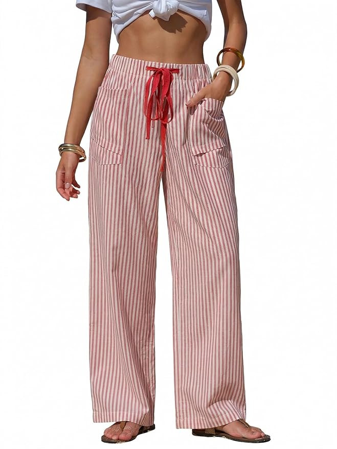 EXLURA Womens Summer Striped Pants Faux Linen Comfy Drawstring Wide Leg Pants Pockets Resort Beac... | Amazon (US)