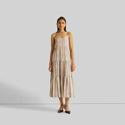 Reistor Women's Striped Down Strappy Tiered Maxi Dress Beige Stripes Medium | Target