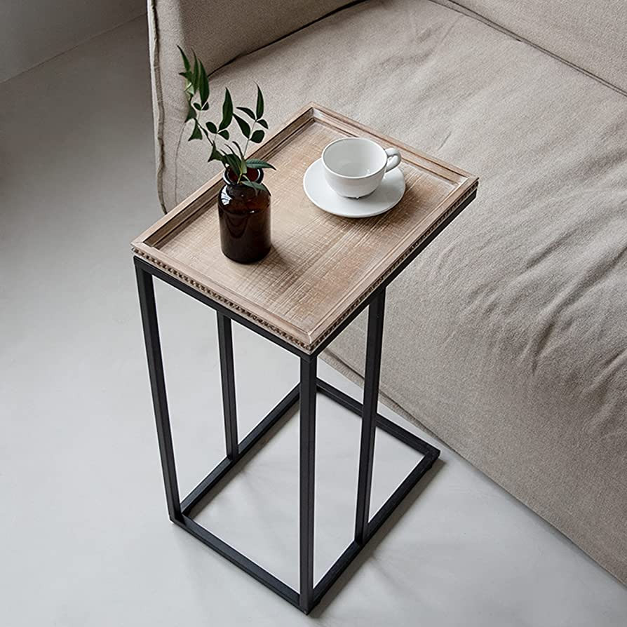 COZAYH Farmhouse C Table Couch End Table, Distressed Beaded Edge Tray Top Snack Side Table, Black... | Amazon (US)