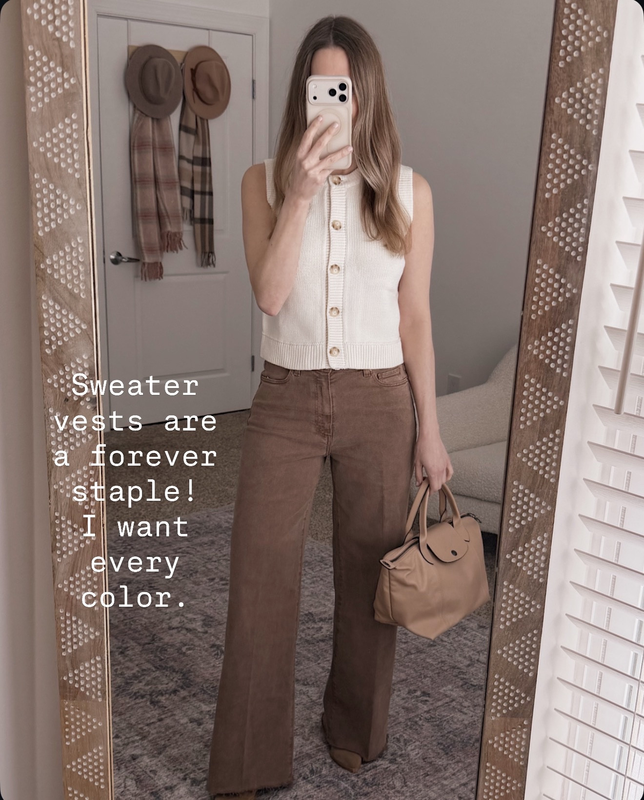 Sweater vests are one of those pieces that just work year after year. I love this one styled solo with brown wide leg denim for a clean, effortless spring look.

sweater vest outfit, brown wide leg jeans, neutral spring outfit, sleeveless knit top, classic wardrobe staples, casual chic style, elevated everyday look, minimalist spring style

#LTKtravel #LTKworkwear #LTKover40