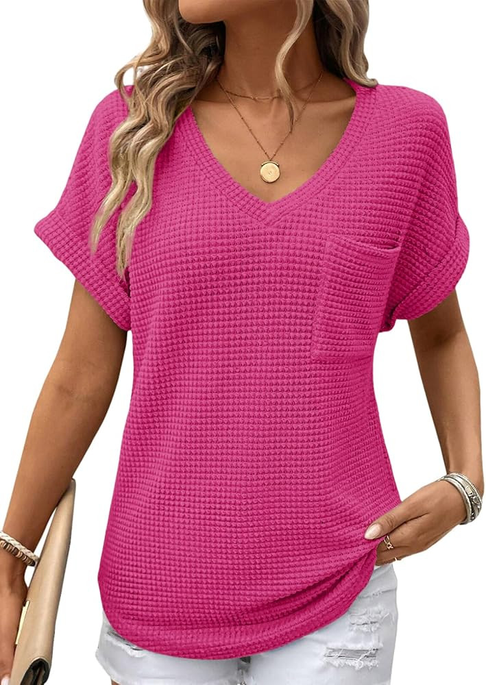 Dokotoo Womens Waffle Knit Tops 2025 Spring Summer V Neck Shirts Casual Trendy Women's Blouses Ba... | Amazon (US)