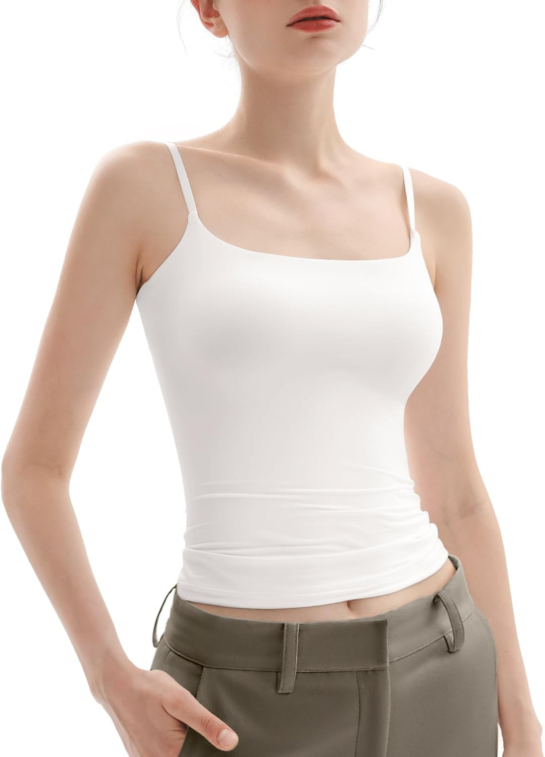 PUMIEY Women's Square Neck Tank Top Adjustable Spaghetti Straps Sleeveless Basic Tops Sharp Collection | Amazon (US)