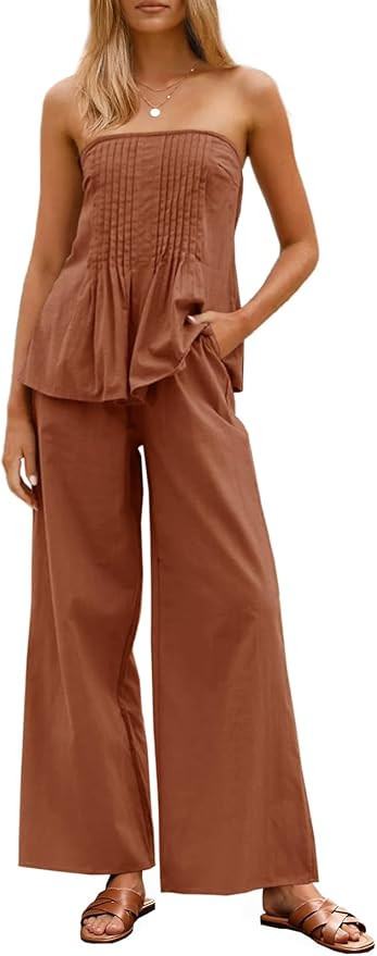 Tankaneo Womens 2 Piece Outfits Summer Strapless Tube Tops Wide Leg Pants Cotton Vacation Pleated... | Amazon (US)
