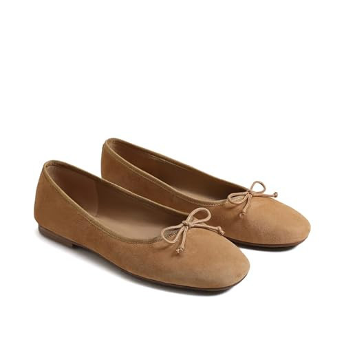 SOVANYOU Women's Tan Suede Mary Jane Ballet Flats Closed Round Toe Flat with Bow Slip on Suede Ballerina Flats Comfortable Walking Ballet Shoes Work Shoes | Amazon (US)