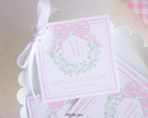 Pink Bow Wreath Monogram Valentine Tag for Valentine's Day | Etsy | Etsy (US)