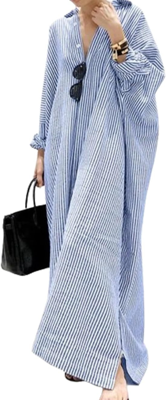 Button Down Shirt Dress for Womens Cotton Linen Long Sleeve Maxi Dress Striped Casual Loose Fit D... | Amazon (US)