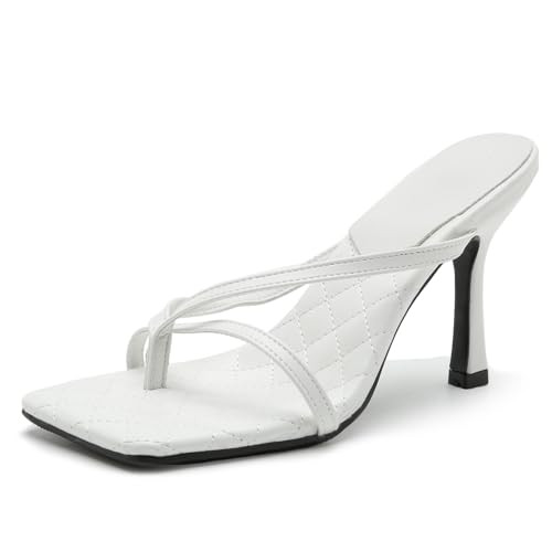 Proptmina Women's Strappy Thong Heeled Sandals Slip On Stiletto Heels Flip Flops Square Open Toe T Strap High Heel Sandals Slide Summer Dressy Sandals (White,9) | Amazon (US)