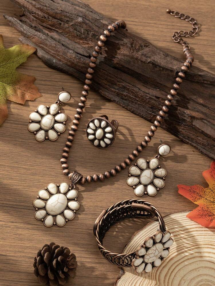 4pcs/Set Retro Boho Style Women Jewelry Set, Includes Necklace, Earrings, Ring & Bracelet, Vintage Bronze-Tone Turquoise Teardrop Flower Design, Suitable For Outfits, Holidays And More | SHEIN