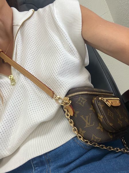 Nail appointment outfut! 
Mini bum bag Louis Vuitton 
Varley top in small 
Midi skirt Gerard Darel 
