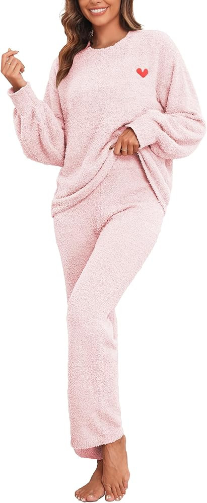 Famulily Womens Cozy Warm Fuzzy Fleece Pjs Sets Cute Heart Embroidery 2 Piece Pajamas Top and Pan... | Amazon (US)