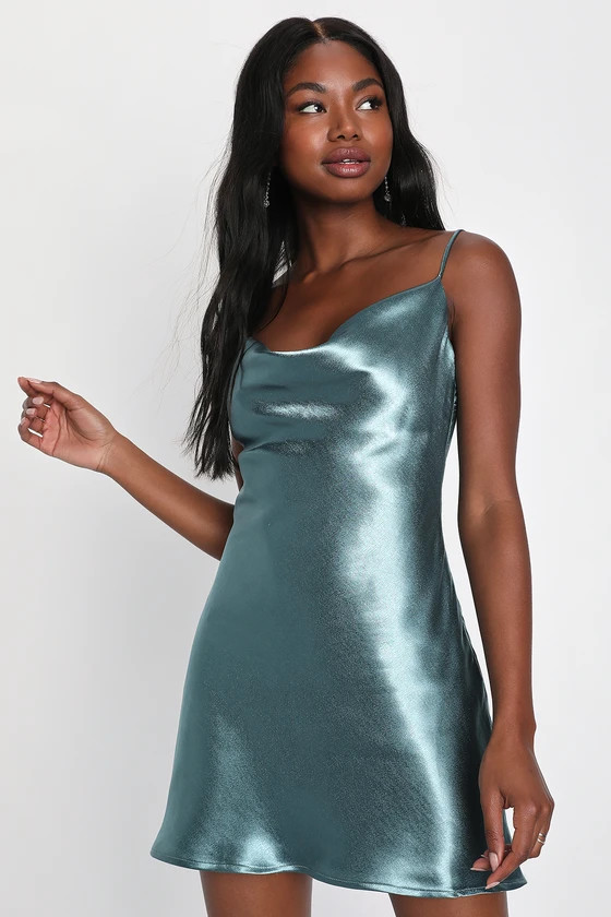 Illuminated Style Slate Blue Satin Cowl Neck Mini Dress | Lulus (US)