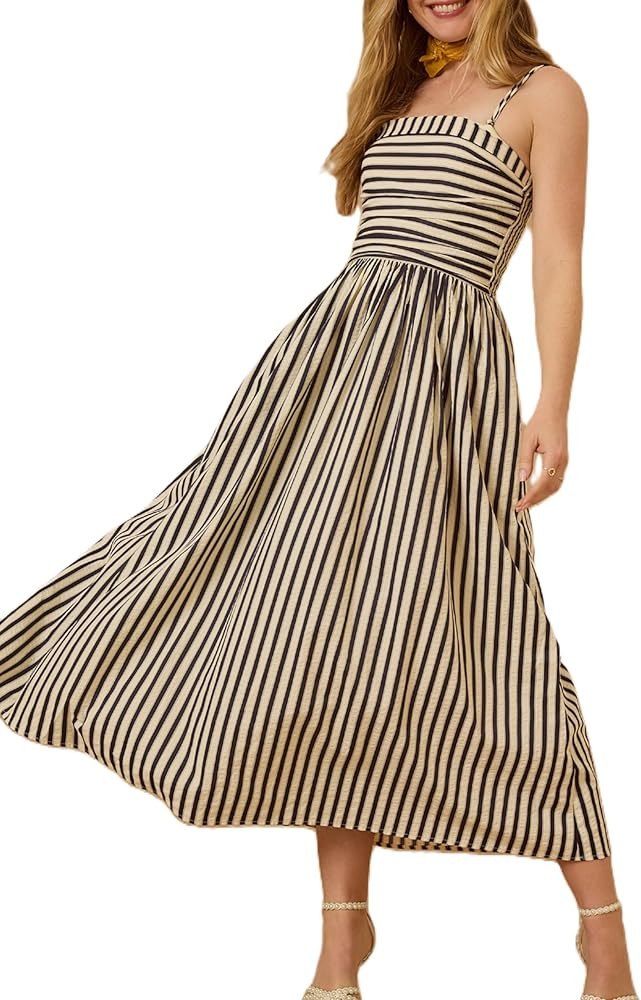 Women Boho Long Dress Graffiti Flowy Backless Sleeveless Cami Dress Striped A Line Going Out Maxi... | Amazon (US)