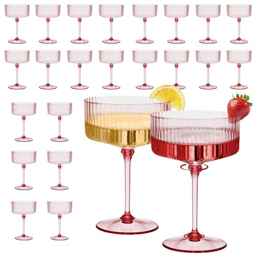 CALBODE 24Pcs Plastic Martini Glasses Disposable 10oz Plasitc Ribbed Champagne Coupe Glasses Unbreakable Dessert Cups for Wedding Bridal Shower Anniversary Party for Mother's Day (Pink) | Amazon (US)