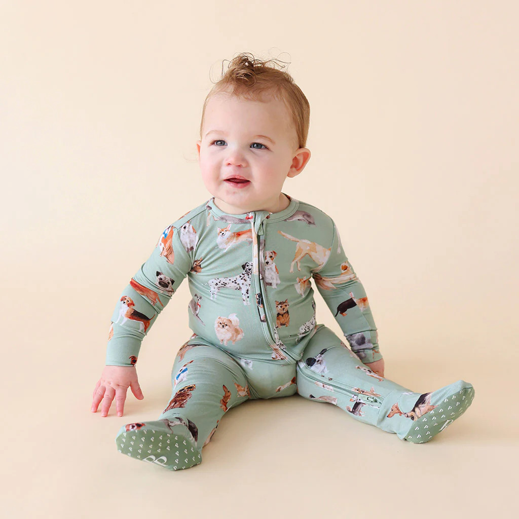 Dog Green One Piece Baby Footie Pajamas | Posh Puppies | Posh Peanut