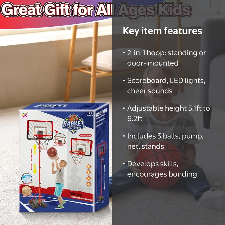 JoyStone 2-in-1 Kid Basketball Hoop with LED Lights & Scoreboard & 3 Balls, Toddler Basketball Ho... | Walmart (US)