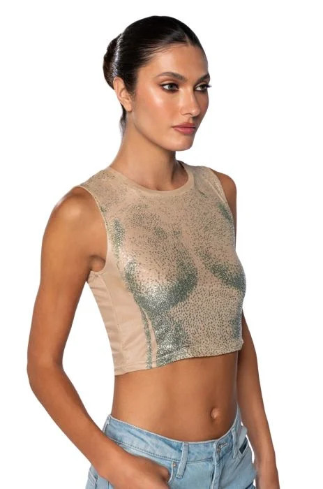 OUT OF THIS GALAXY RHINESTONE MESH TOP IN BEIGE MULTI | AKIRA