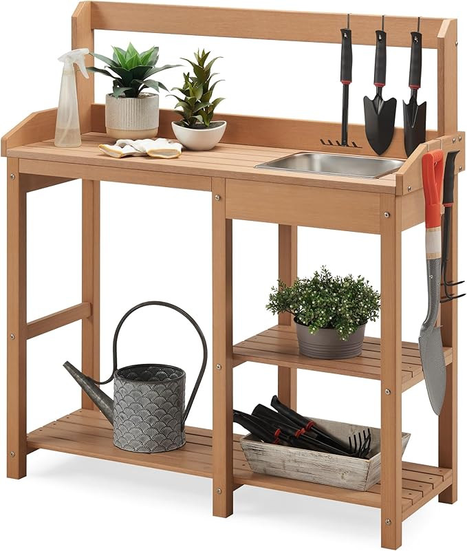 Psilvam Potting Bench, Poly Lumber Potting Table with Removable Stainless Steel Sink and Open She... | Amazon (US)
