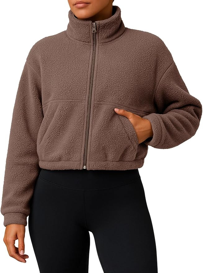 Women Zip Up Fleece Sherpa Jacket Coat - Winter Warm Trendy Cropped Sweatshirt for Casual,Workout | Amazon (US)